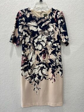 Taylor Cream Floral Midi Sheath Dress with Navy and Pink Accents